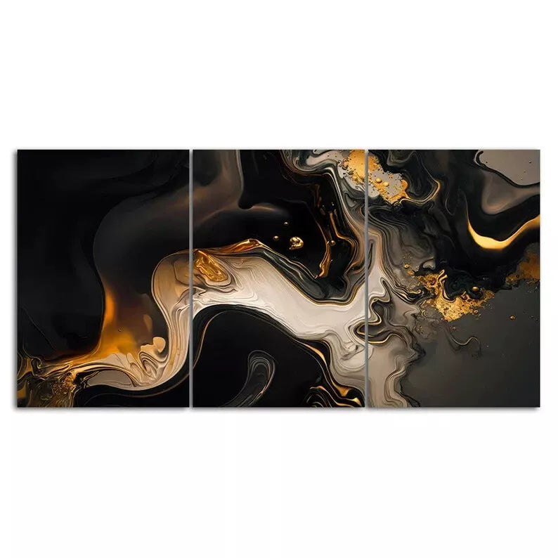 3 Piece Black Gold Marble Luxury Patterns Canvas Framed 40x60cm - High Quality Print 100% Australian Made Wall Canvas Ready to Hang