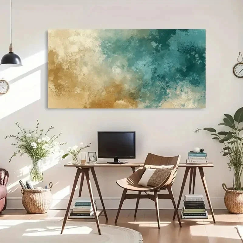 Soft Gradient Teal & Beige Wall Art Canvas Office Home Room Framed 120x60cm