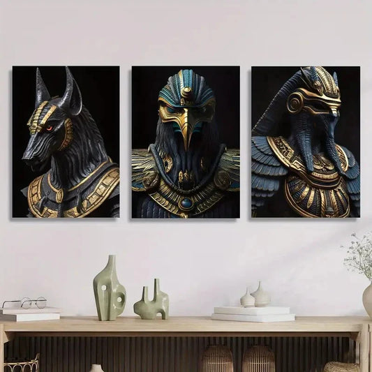 3pcs Egyptian Mythology Golden Pharaoh & Anubis Art Metal Print Ready to Hang Art