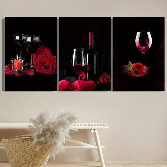 3pcs Wine Glass And Rose, Red Wine, BarMetal Print Ready to Hang Art