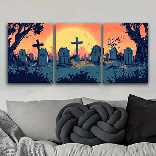 3pcs Featuring a Ghostly Graveyard Theme Metal Print Ready to Hang Art