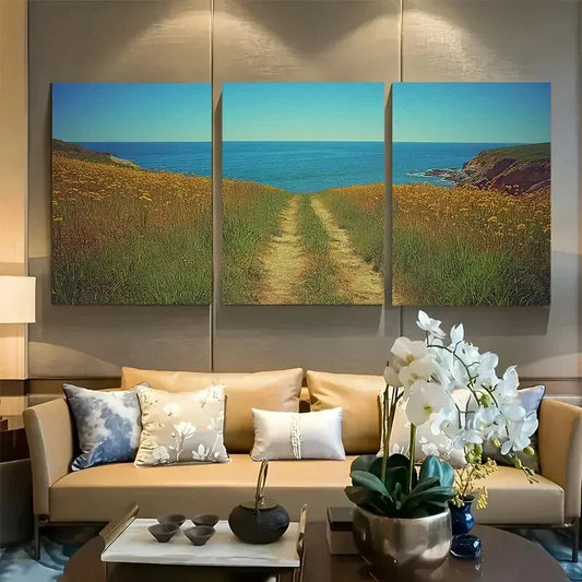 3pcs Deserted Road Under Clear Blue Sky Metal Print Ready to Hang Art