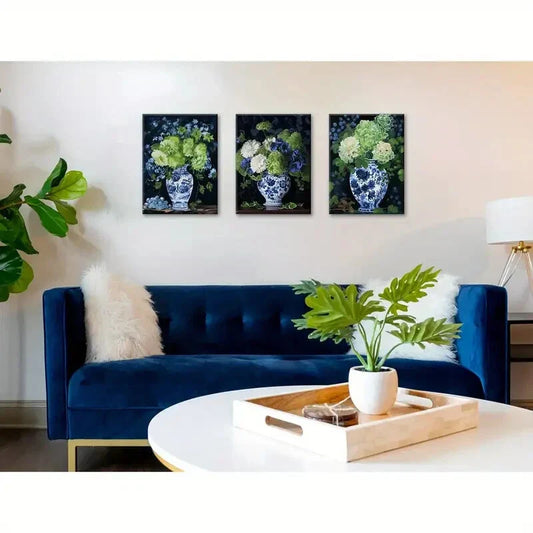 3pcs Aesthetic Blue & White Porcelain Vase Metal Print Ready to Hang Art