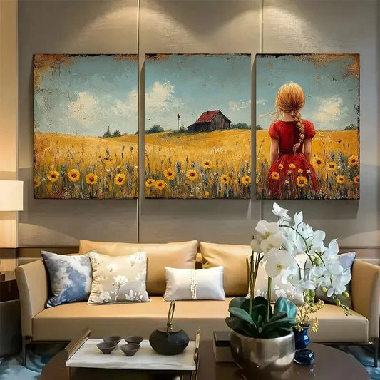 3pcs Little Girl in Sunflower Field Metal Print Ready to Hang Art
