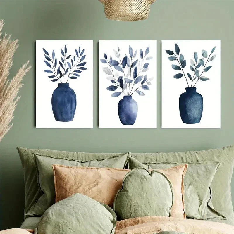 3pcs Blue Vase Art with Leaves Metal Print Ready to Hang Art