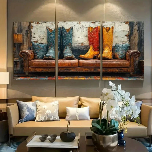 3pcs Cowboy Boots Rustic Farmhouse Design Metal Print Ready to Hang Art