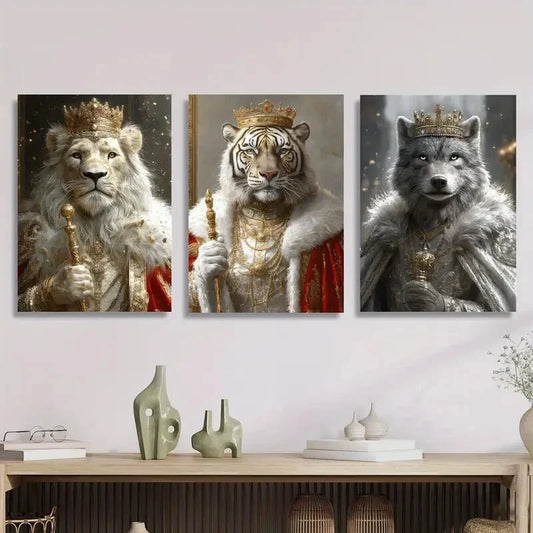 3pcs Wearing Robes And Crowns, Animal Portrait Metal Print Ready to Hang Art