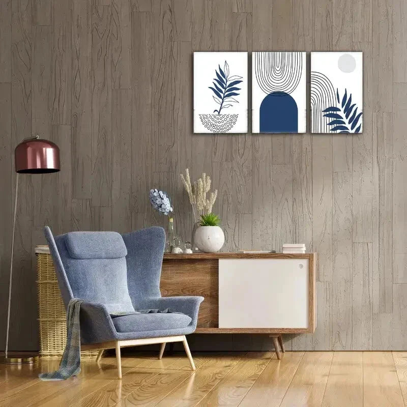 3pcs Abstract Blue Patterns & Leaf Designs Metal Print Ready to Hang Art