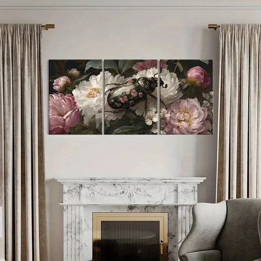 3pcs Elegant Peony Floral Canvas Art Beetle Design Metal Print Ready to Hang Art