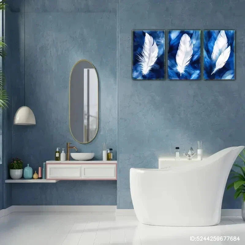 3pcs White Feathers On A Blue Background Metal Print Ready to Hang Art