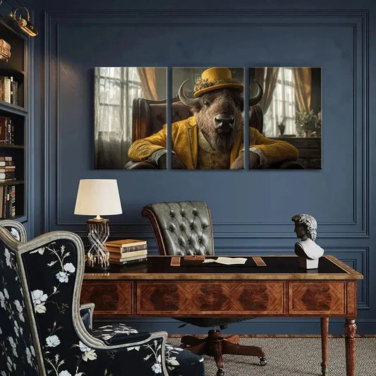 3pcs Elegant Buffalo in Golden Attire Animal Metal Print Ready to Hang Art