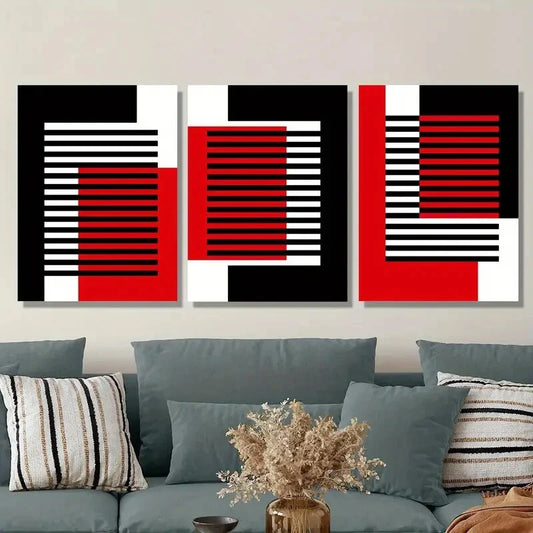 3pcs Modern Abstract Geometric Black White Red Metal Print Ready to Hang Art