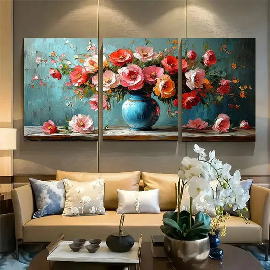 3pcs Elegant Floral Still Life in Vase Design Metal Print Ready to Hang Art
