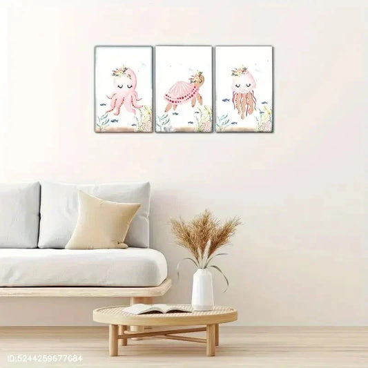 3pcs Underwater Animals Octopus and Turtle Metal Print Ready to Hang Art