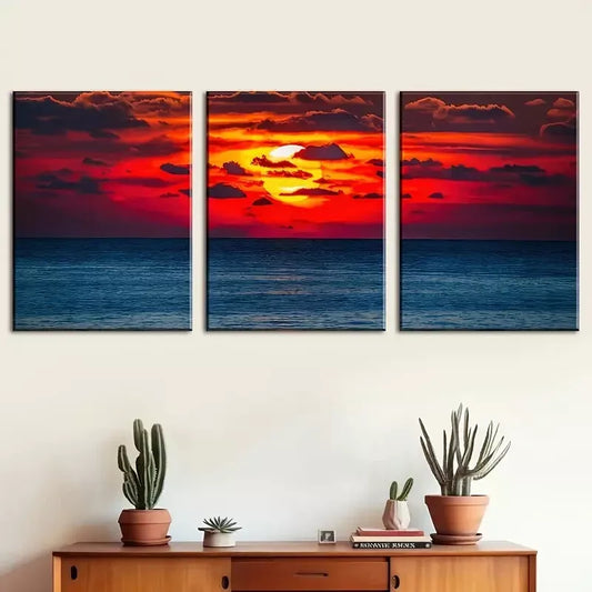 3pcs Simple Style Vibrant ocean sunset scenery Wall Art Set Canvas Framed 40x60cm - High Quality Print 100% Australian Made Wall Canvas Ready to Hang