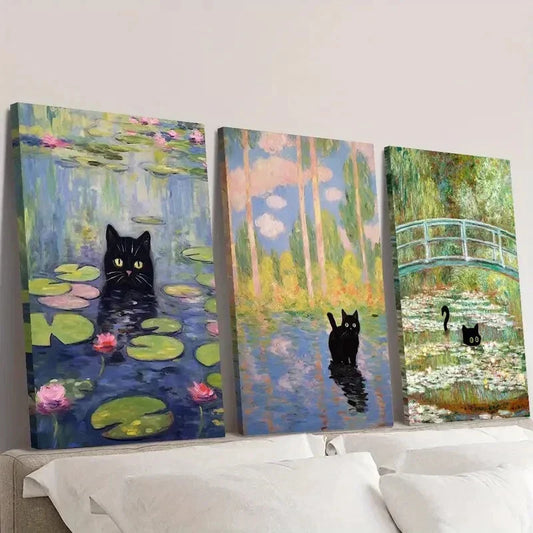 3pcs Black Cat Inspired by Monet Wall Art Set Canvas Framed 40x60cm - High Quality Print 100% Australian Made Wall Canvas Ready to Hang