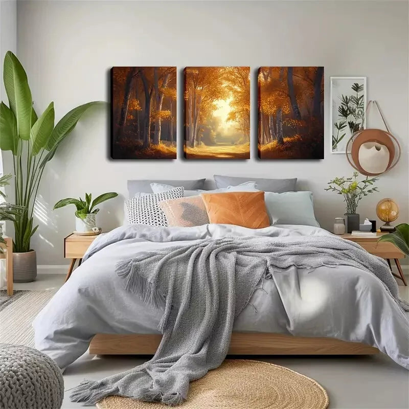 3pcs Autumn Woods And Sunshine Wall Art Set Canvas Framed 40x60cm - High Quality Print 100% Australian Made Wall Canvas Ready to Hang