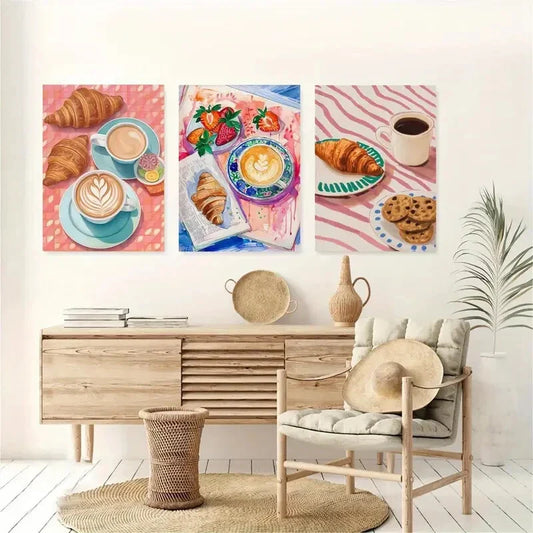 3pcs Morning Coffee, Croissants, And Cookies Metal Print Ready to Hang Art