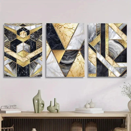 3pcs Marble texture and golden geometric Metal Print Ready to Hang Art