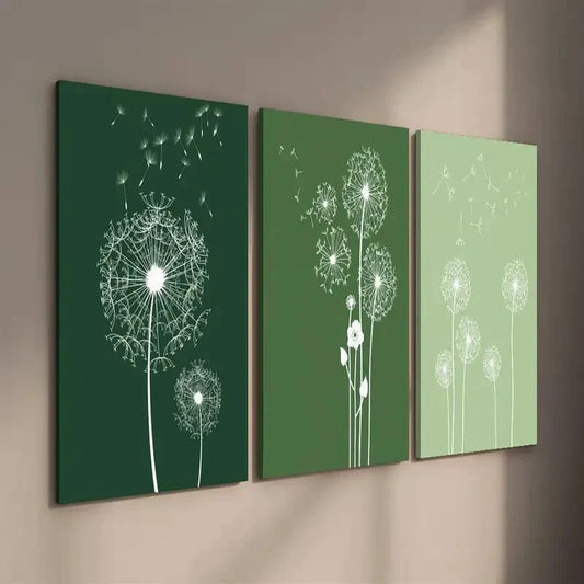 3pcs Dark & Light Green Dandelions Wall Art Set Canvas Framed 40x60cm - High Quality Print 100% Australian Made Wall Canvas Ready to Hang
