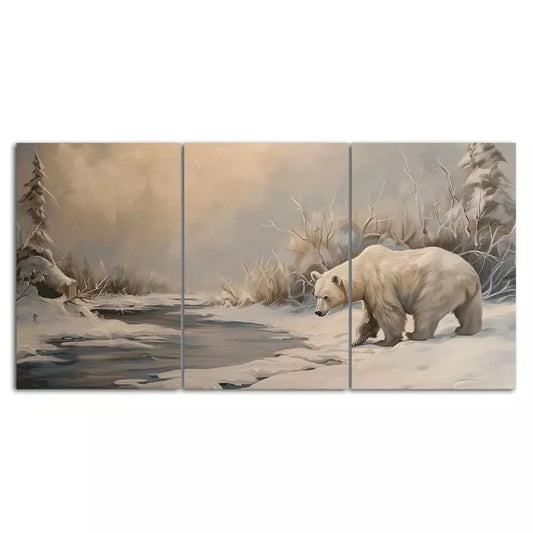 Polar Bear Winter Scenery 3 Piece Painting Style Canvas Framed 40x60cm - High Quality Print 100% Australian Made Wall Canvas Ready to Hang