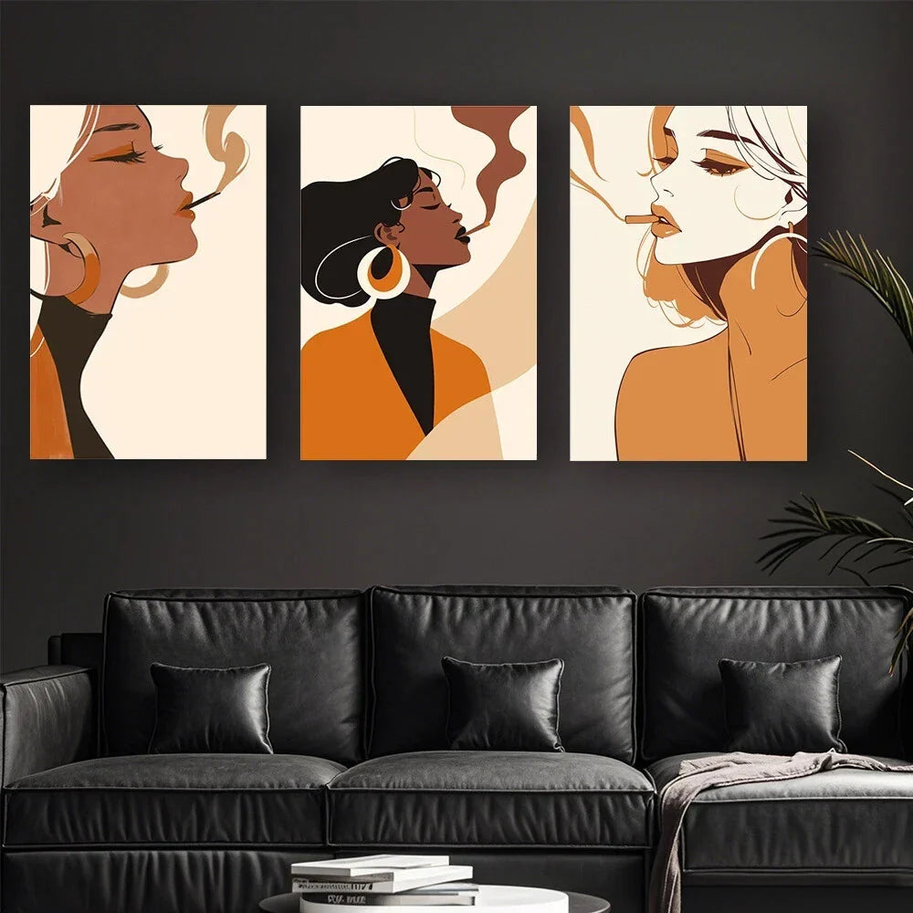 3pcs Abstract Women'S Smoking Design Metal Print Ready to Hang Art