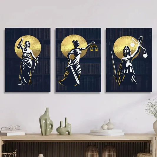 3pcs Justice, Greek Mythology, Golden Silhouette Metal Print Ready to Hang Art