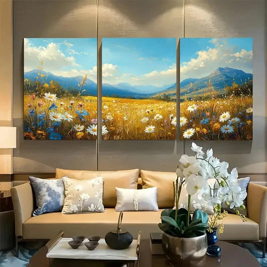 3pcs Wildflower Field with Daisies and Sky Metal Print Ready to Hang Art