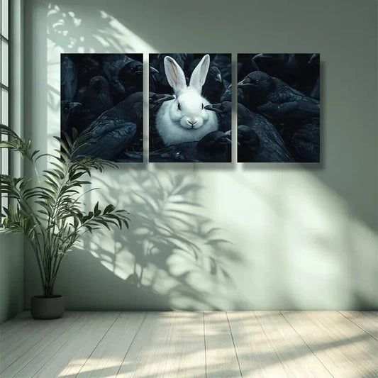 3pcs White rabbit, crow Art Painting Metal Print Ready to Hang Art