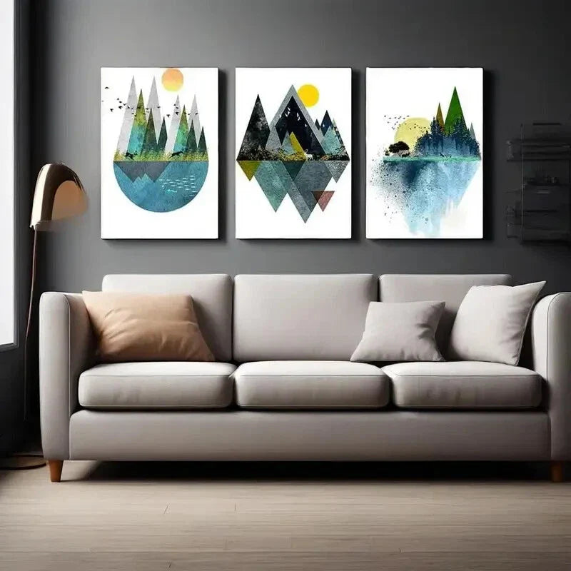 3pcs Abstract Geometric Mountain Landscape Metal Print Ready to Hang Art