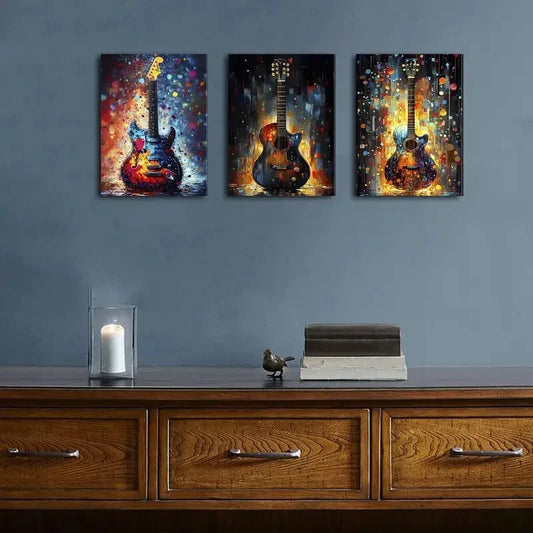 3pcs Vibrant Watercolor Musical Instrument Metal Print Ready to Hang Art