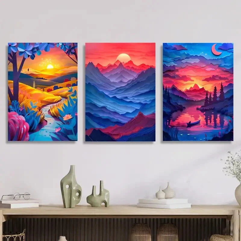 3pcs Rich valley, landscape at sunset, Metal Print Ready to Hang Art