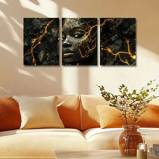 3pcs Split face with Golden Accent Design Metal Print Ready to Hang Art