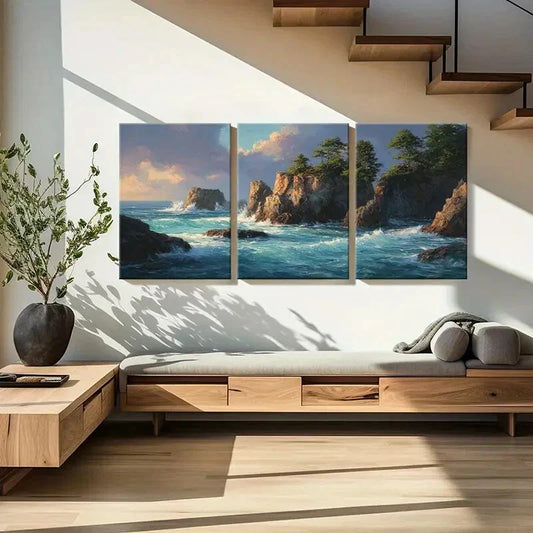 3pcs Serene Coastal Ocean Waves & Rocky Cliffs Metal Print Ready to Hang Art