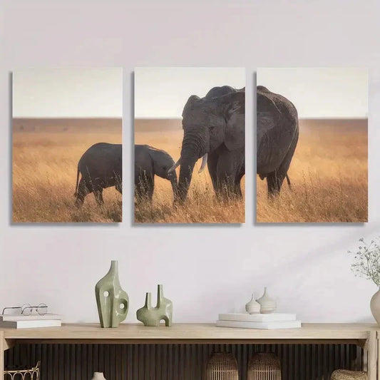 3pcs Wildlife, Elephant and Baby Elephant Metal Print Ready to Hang Art
