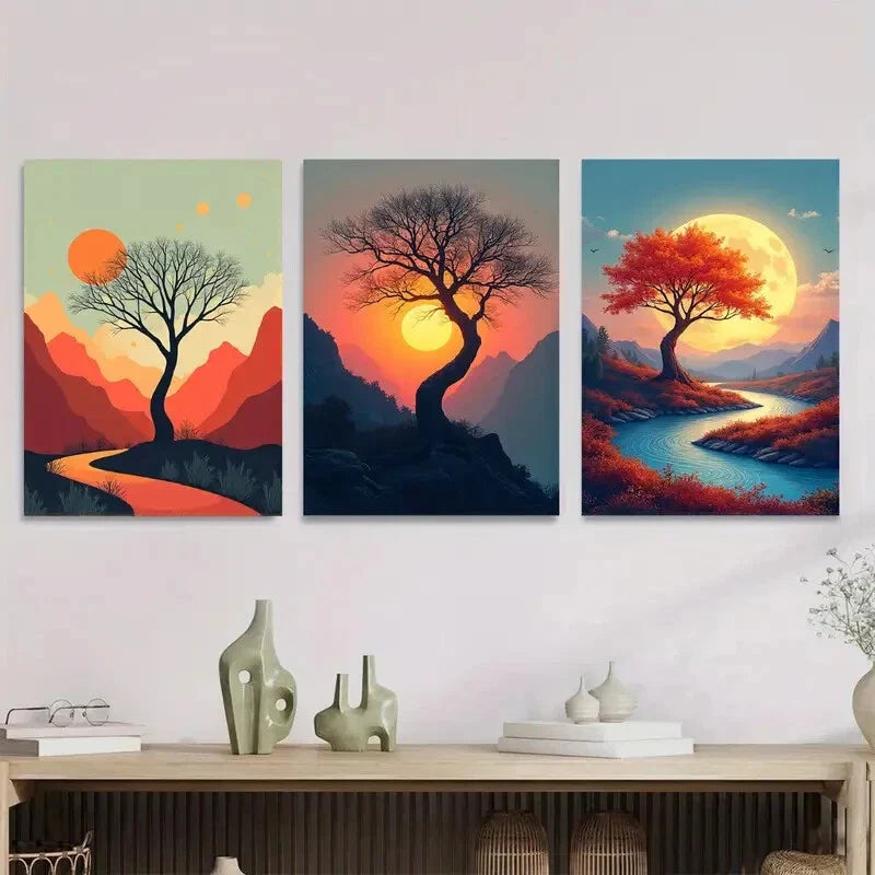 3pcs Vibrant Sunset Trees And Mountain beautiful Wall Art Set Canvas Framed 40x60cm - High Quality Print 100% Australian Made Wall Canvas Ready to Hang