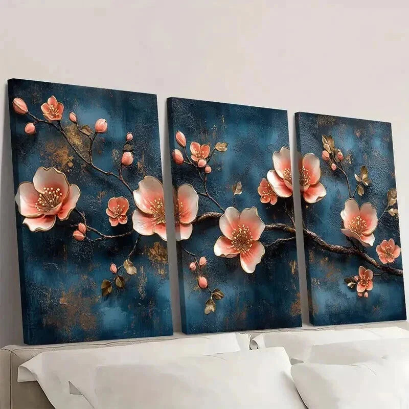3pcs Elegant Blue And Jinse Huayuan Theme Wall Art Set Canvas Framed 40x60cm - High Quality Print 100% Australian Made Wall Canvas Ready to Hang