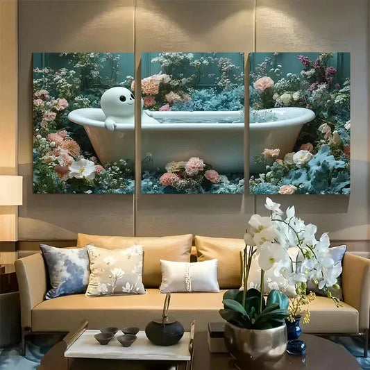 3pcs Whimsical Floral Bathtub Scene Spooky Metal Print Ready to Hang Art