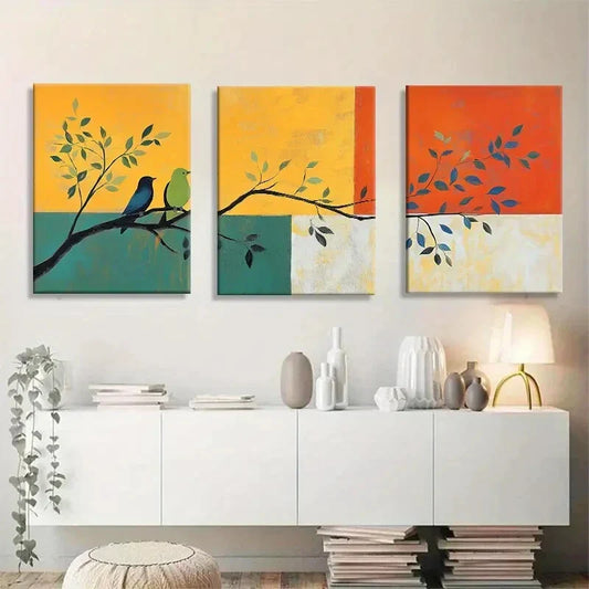 3pcs Nature-Inspired Birds And Branch Abstract Metal Print Ready to Hang Art