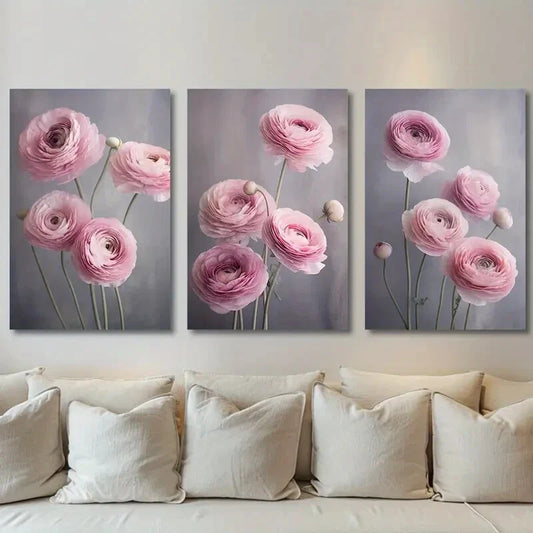 3pcs Pink Flower & White Green Branches Metal Print Ready to Hang Art