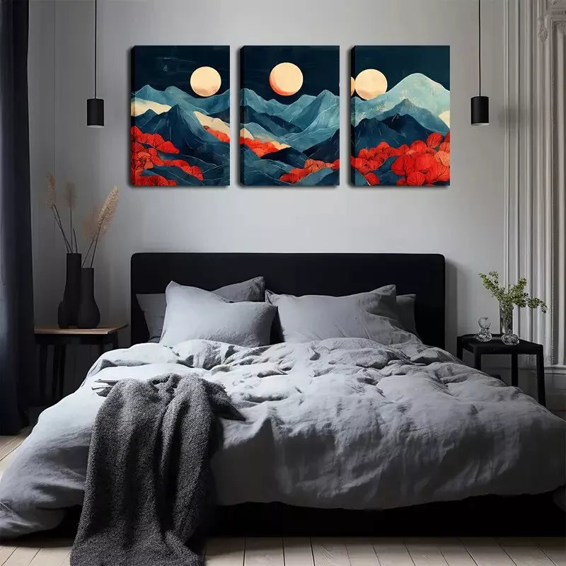 3pcs Abstract Mountain, 3 Moon Wall Art Set Canvas Framed 40x60cm - High Quality Print 100% Australian Made Wall Canvas Ready to Hang