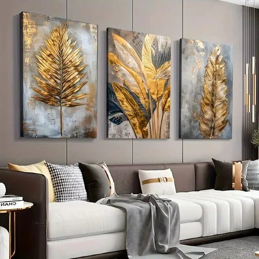 3pcs Golden Leaf & Feather Wall Art Set Canvas Framed 40x60cm - High Quality Print 100% Australian Made Wall Canvas Ready to Hang