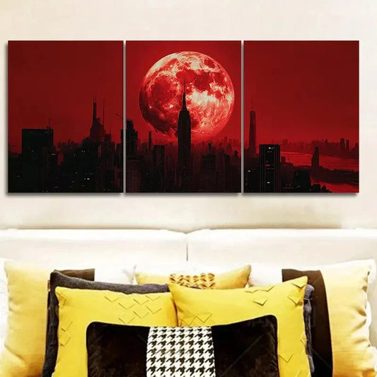 3pcs Big Red Moon Cityscape Wall Art Set Canvas Framed 40x60cm - High Quality Print 100% Australian Made Wall Canvas Ready to Hang