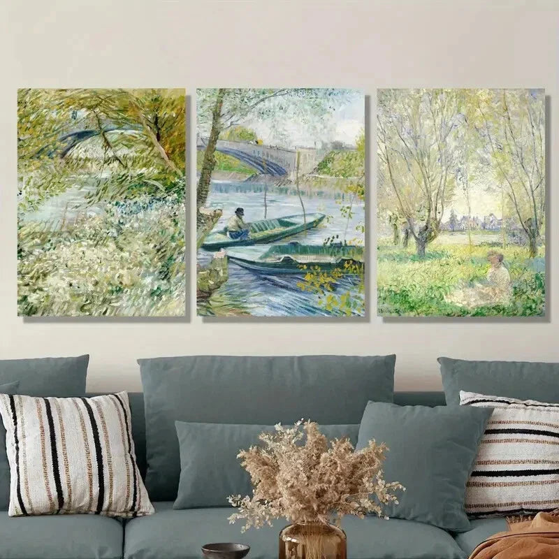 3pcs Spring River Bank & Willow Tree Scenes, Metal Print Ready to Hang Art