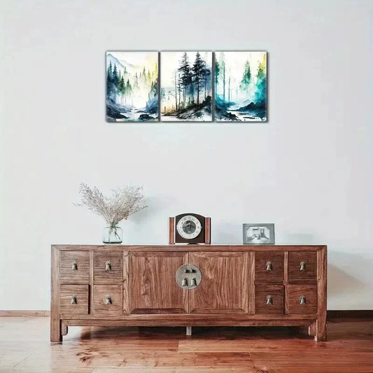 3pcs Serene Mountain & Forest Scenes Watercolor Metal Print Ready to Hang Art