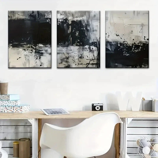 3pcs Art Abstract Canvas Painting Black Gray Metal Print Ready to Hang Art
