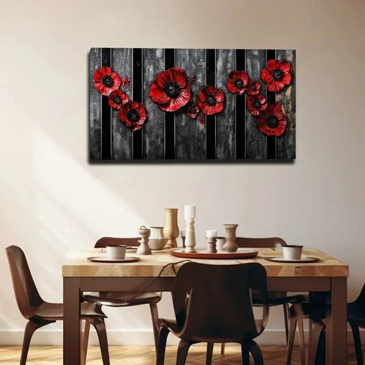 Vibrant Red Poppies on Black Wall Art canvas office home room framed 120x60cm
