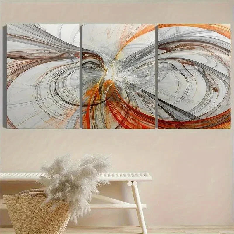 3pcs Abstract Orange and Gray Line Art Metal Print Ready to Hang Art