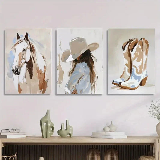 3pcs Horse, Cowgirl, and Boots Watercolor Wall Art Set Canvas Framed 40x60cm - High Quality Print 100% Australian Made Wall Canvas Ready to Hang