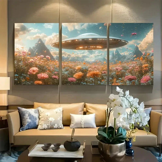 3pcs Majestic UFO Over Floral Meadow Metal Print Ready to Hang Art